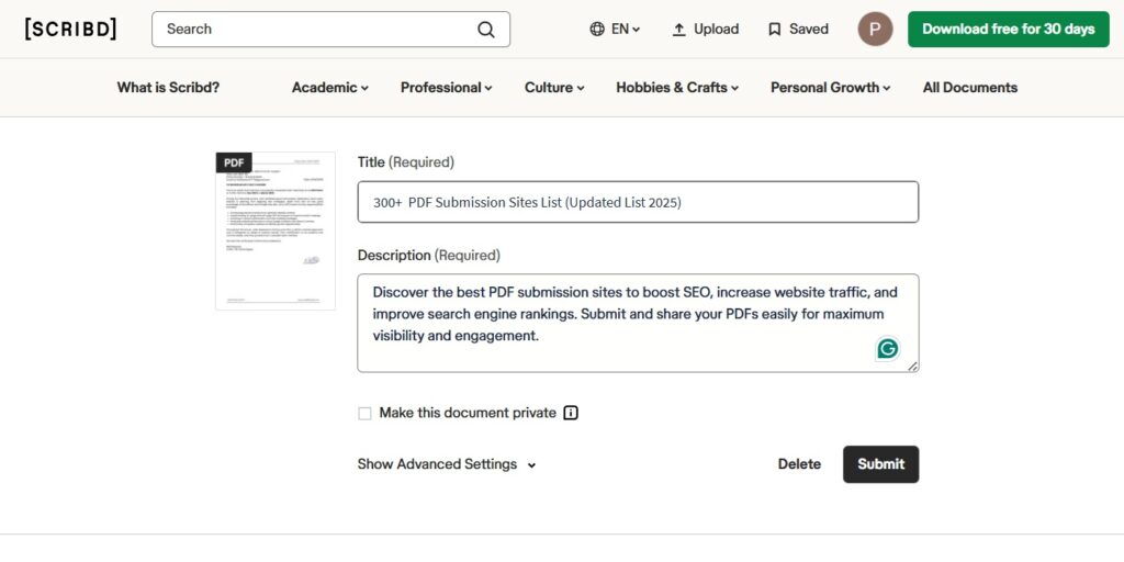 PDF Submission Sites