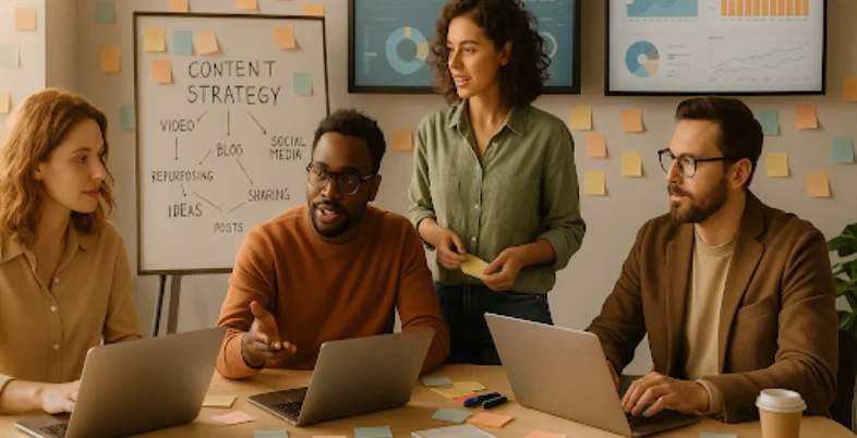 A creative team working in a modern workspace surrounded by digital screens and sticky notes, repurposing content across different formats like video, blog, and social media.