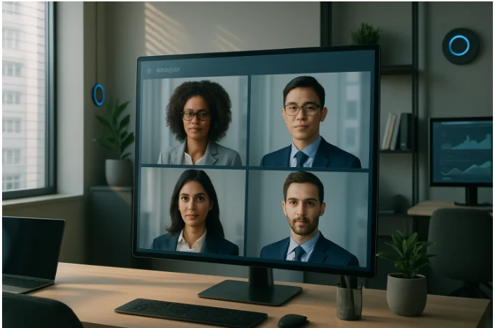 A futuristic yet realistic office setting showing AI-generated business photos on screen — diverse, professional AI-created team portraits in a branding dashboard.