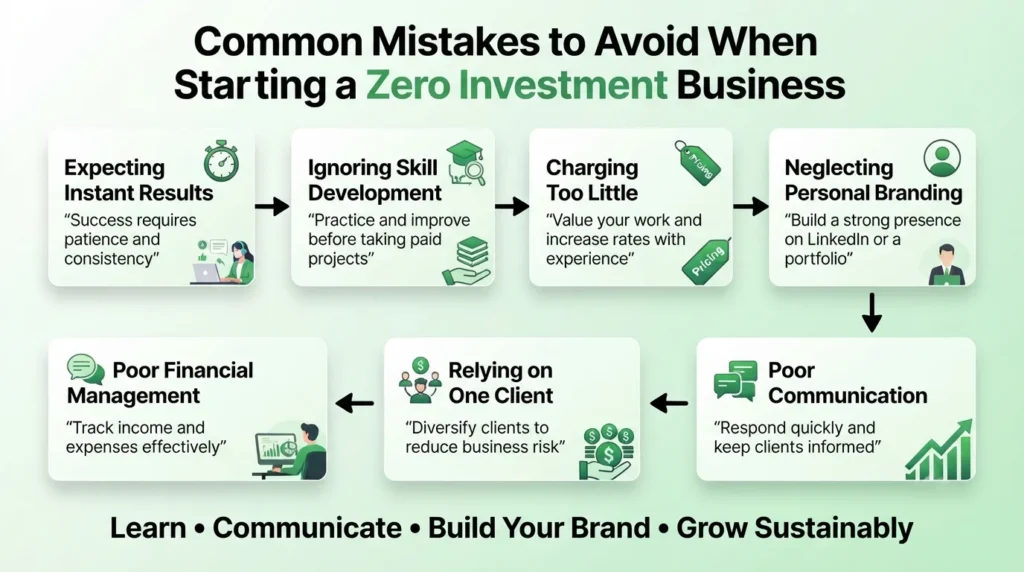 Common mistakes when starting a zero investment business including poor communication, underpricing, weak branding, skill gaps, and client dependency.