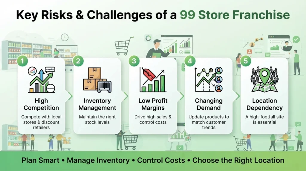 Key risks of a 99 Store franchise including competition, inventory management, profit margins, changing demand, and location dependency challenges.