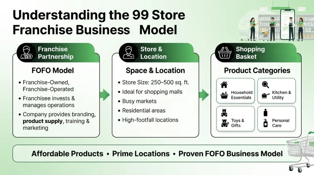 Understanding the 99 Store franchise business model showing FOFO partnership, location requirements, product categories, affordable pricing, and retail operations.